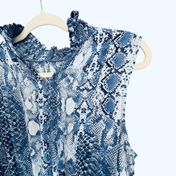 Nanette Lepore Stevie Snake-print Hi-Low Smocked-Waist Sleeveless Blue Dress - Picture 15 of 16